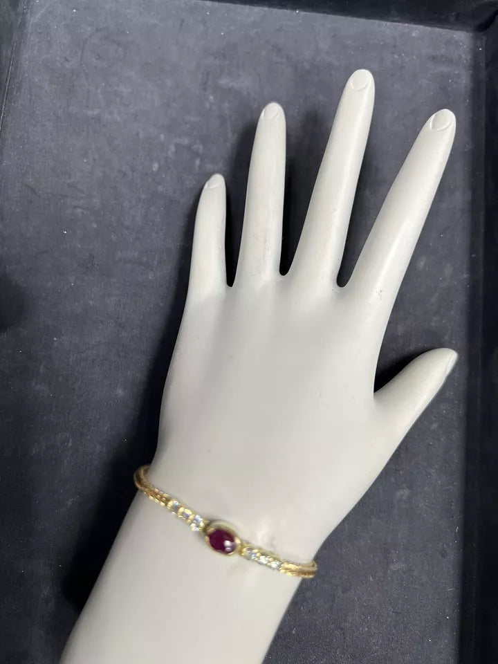 Retro Gold 1 Carat Natural Diamond and Red Ruby Cabochon Bracelet Circa 1970