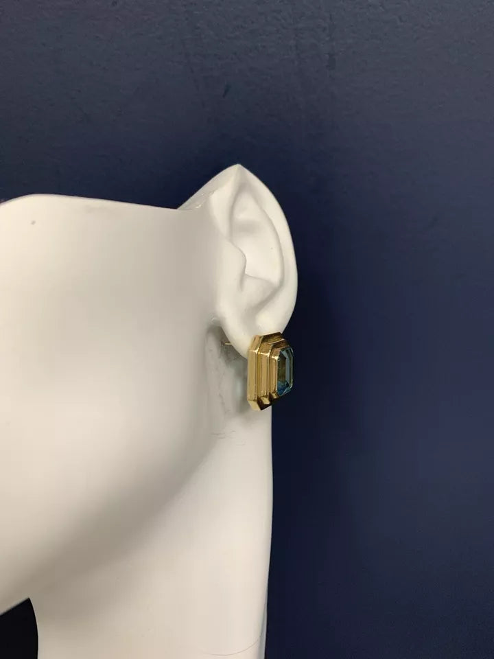 Retro 12 Carat Gold Natural Emerald Cut Blue Topaz Gem Stone Earrings Circa 1970
