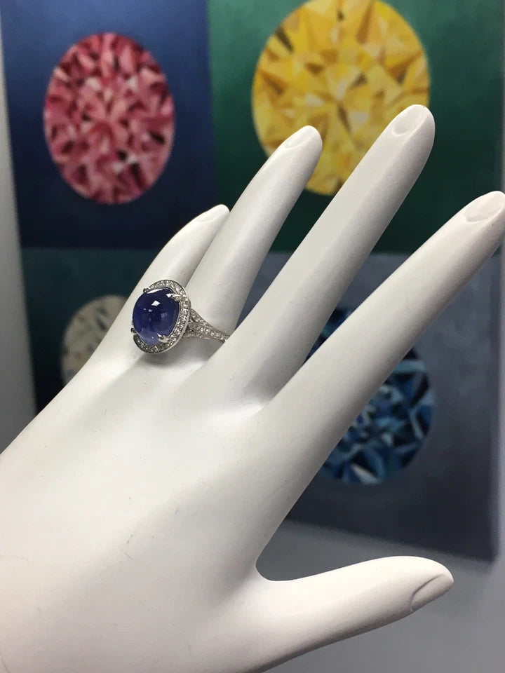 Platinum 10.80 Carat GIA Certified No Heat Blue Star Sapphire CAB & Diamond Ring