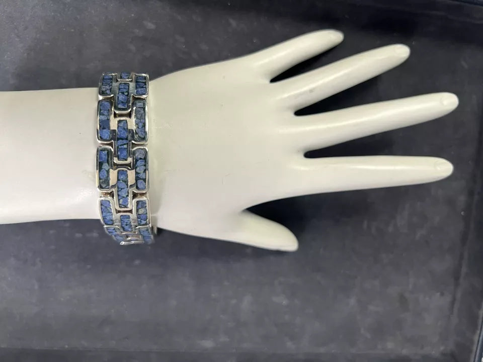 Vintage Taxco Inlayed Sodalite 925 Silver Bracelet 59 grams Made in Mexico