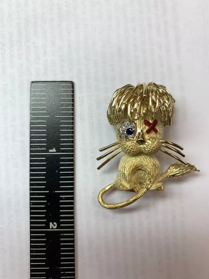 Vintage 1950's Retro Brooch Pin 18k Gold CAT Diamond Sapphire Estate Red Enamel