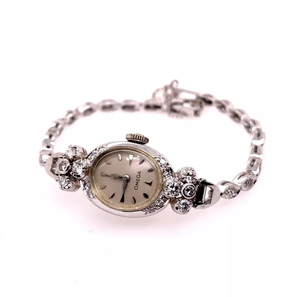 Ladies White Gold Omega 1.25 Carat Natural Diamond Manual Cocktail Vintage Watch