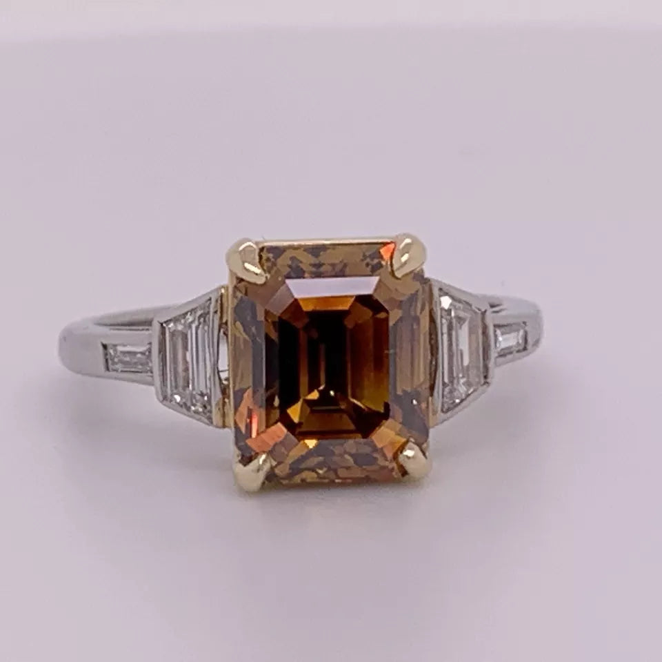 Platinum Natural Emerald Cut Diamond Ring GIA 3.37 Carat Fancy Deep Orange-Brown