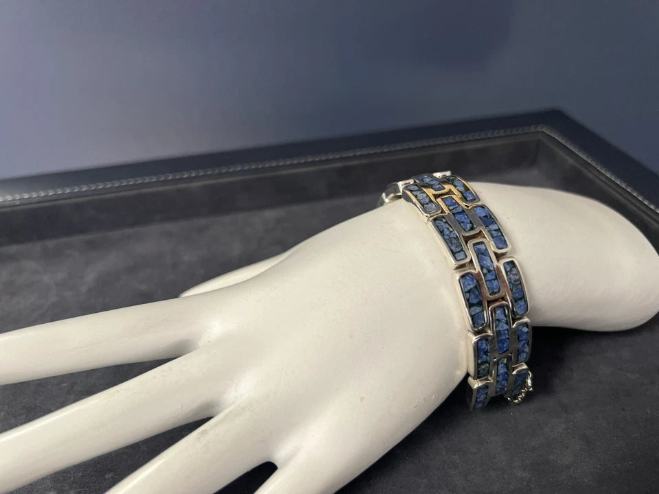 Vintage Taxco Inlayed Sodalite 925 Silver Bracelet 59 grams Made in Mexico