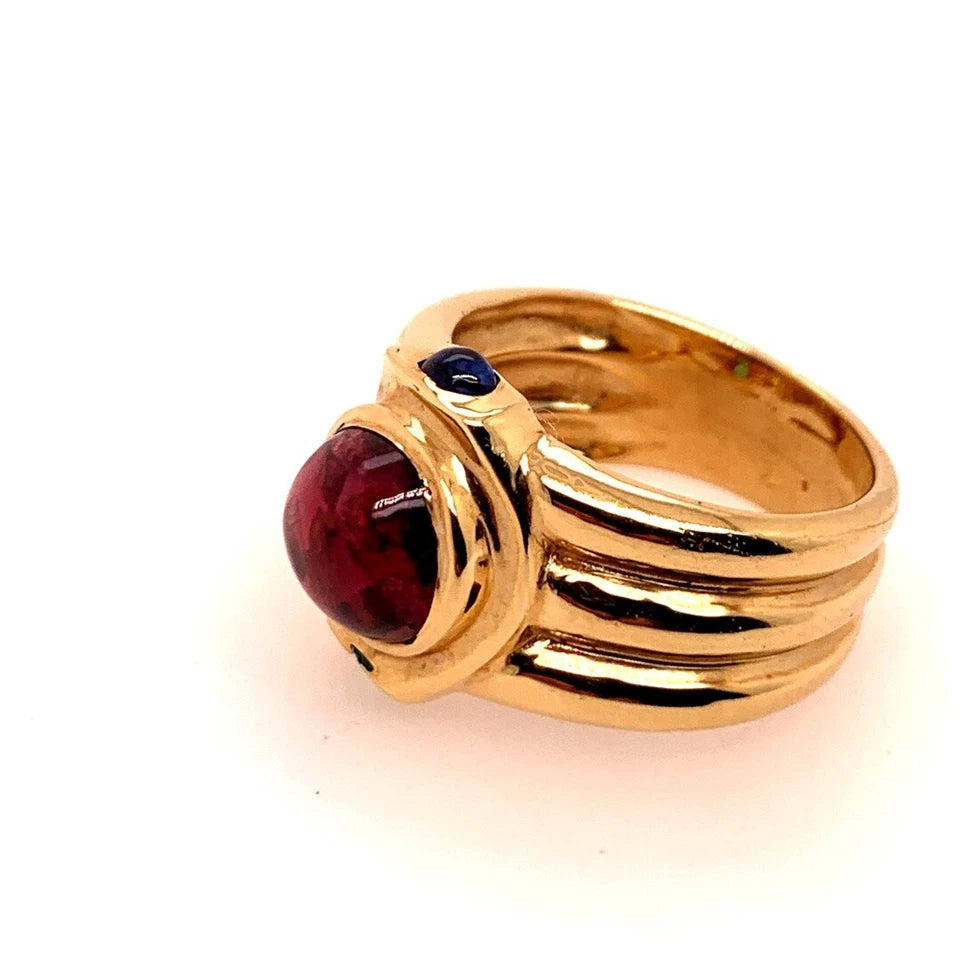 Retro Gold Cabochon Cocktail Ring Natural Tourmaline Emerald Sapphire Circa 1960