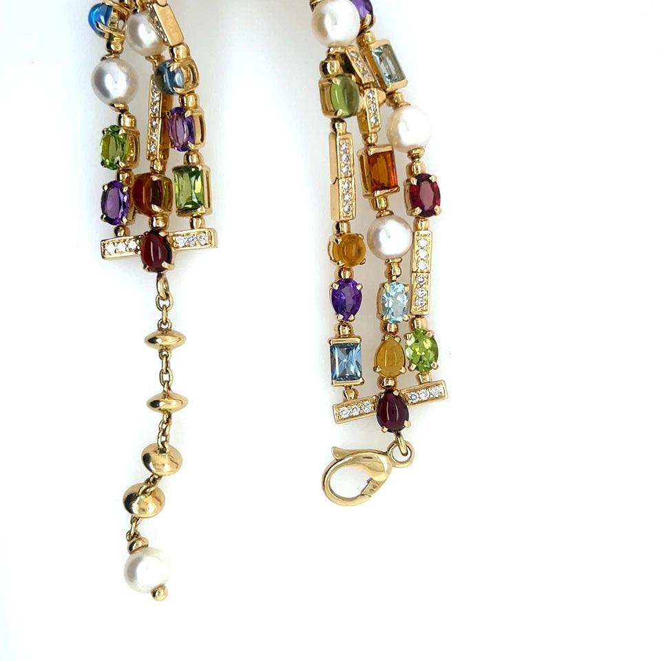 Modern Gold Natural Diamond and Multi Color Cabochon Gem Three Strand Bracelet