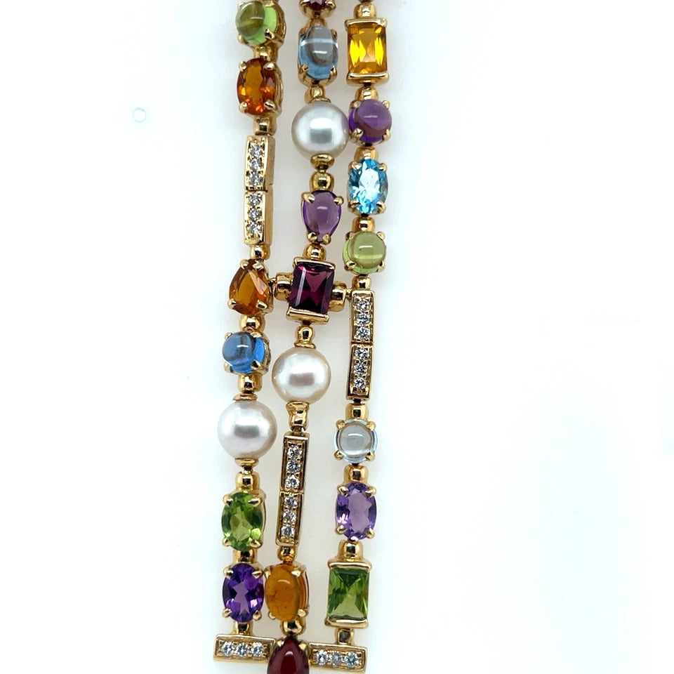 Modern Gold Natural Diamond and Multi Color Cabochon Gem Three Strand Bracelet