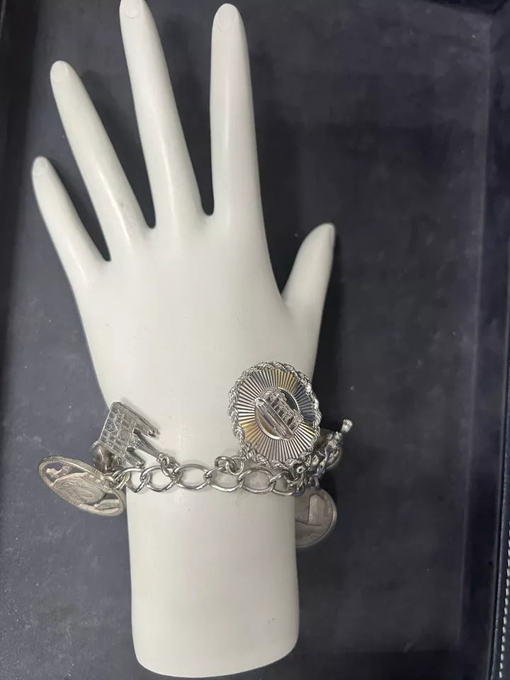 Estate Silver 925 Charm Bracelet 70 Grams with White House to Holy Mary Themes