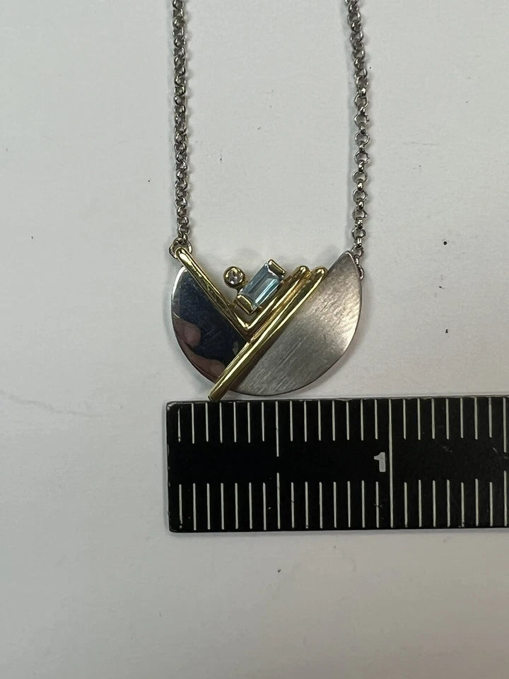 Art Deco Two Tone Gold Natural Diamond & Blue Topaz Pendant Necklace Circa 1960