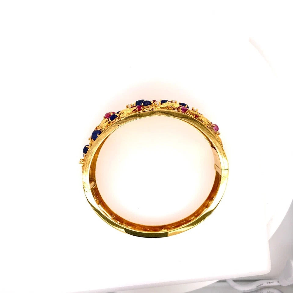 Gold Retro Bangle 6.5 Carat Natural Diamond,Ruby,Sapphire Cab Gem Bracelet 1970