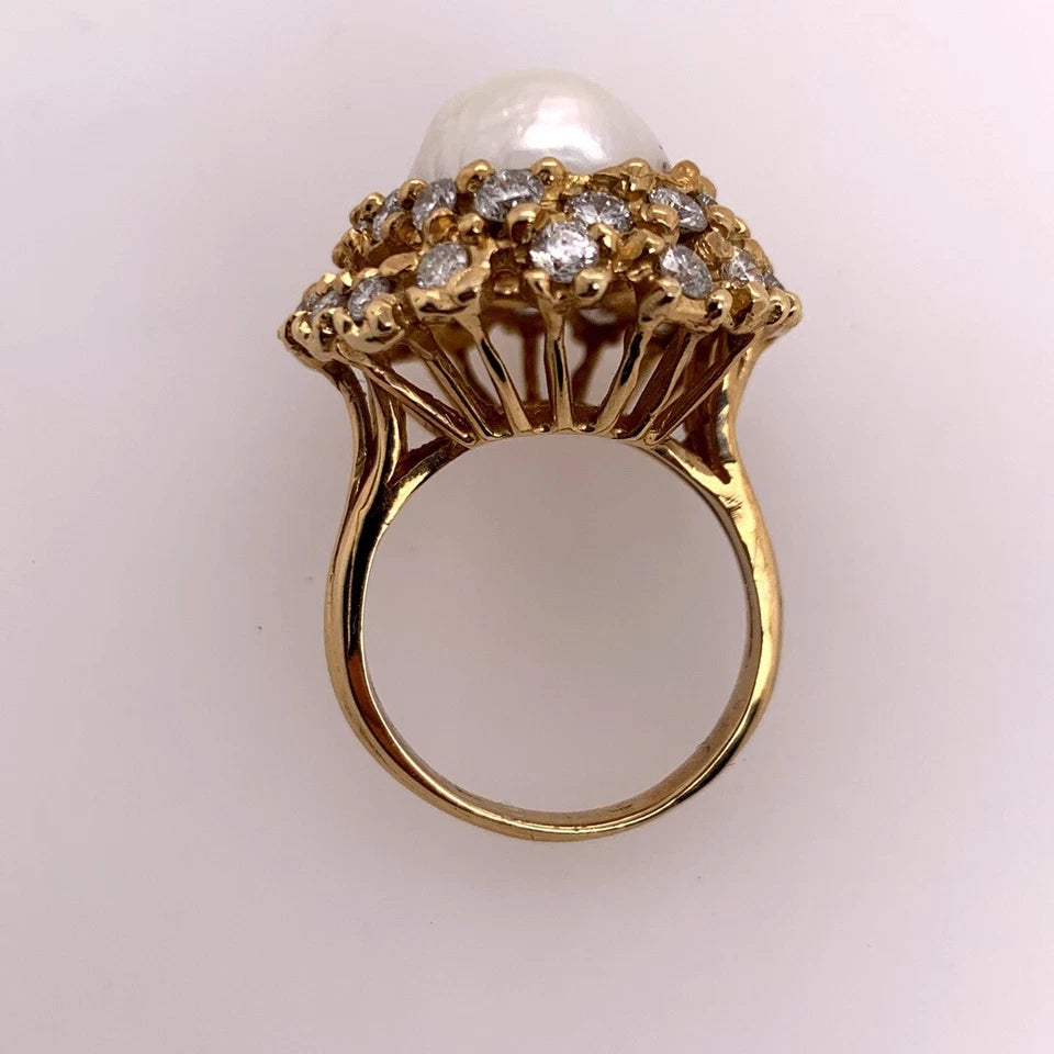 Retro Gold Cocktail Ring 1.85 Carat Natural Colorless Diamond & Pearl Circa 1950