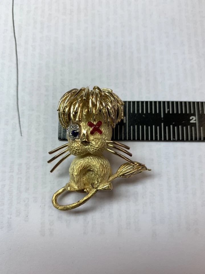 Vintage 1950's Retro Brooch Pin 18k Gold CAT Diamond Sapphire Estate Red Enamel