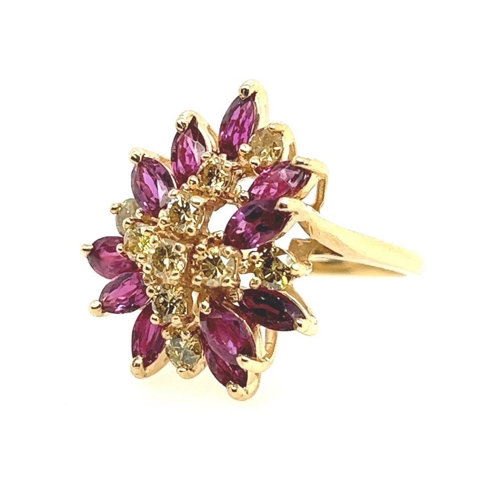 Retro Gold 2.45 Carat Natural Yellow Diamond & Red Ruby Cocktail Ring Circa 1950