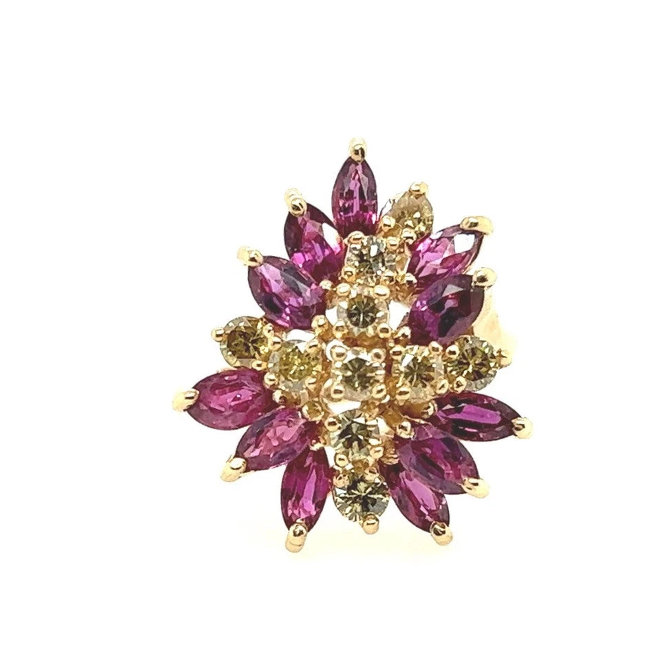 Retro Gold 2.45 Carat Natural Yellow Diamond & Red Ruby Cocktail Ring Circa 1950