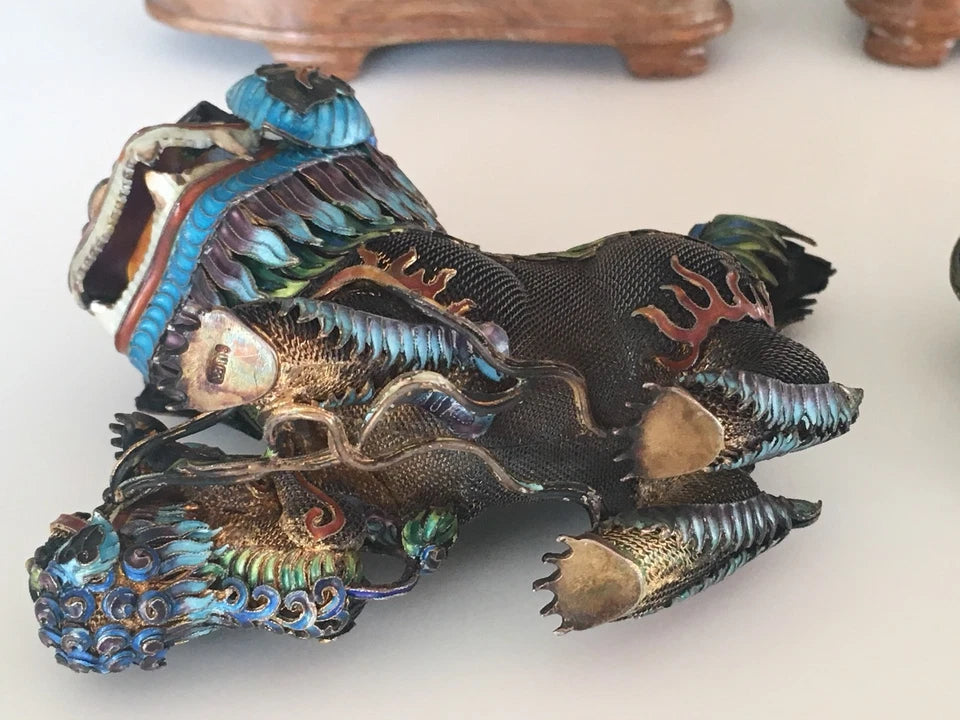 Very Rare Vintage Chinese Silver 925 Enamel Lion Fixture Estate Antique Gem