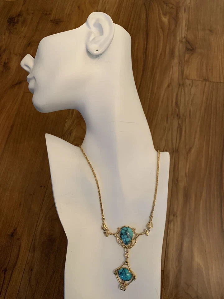 Retro Gold Natural Turquoise Gem & 0.65 Carat Round Diamond Necklace Circa 1950