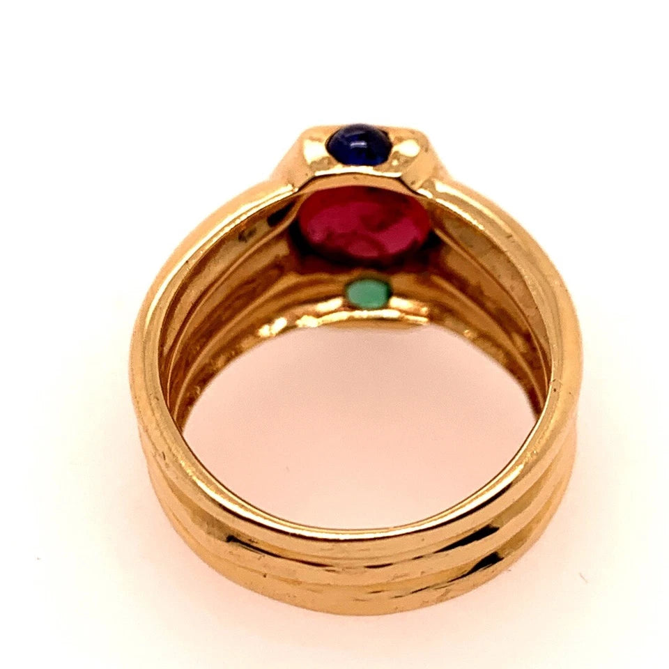 Retro Gold Cabochon Cocktail Ring Natural Tourmaline Emerald Sapphire Circa 1960