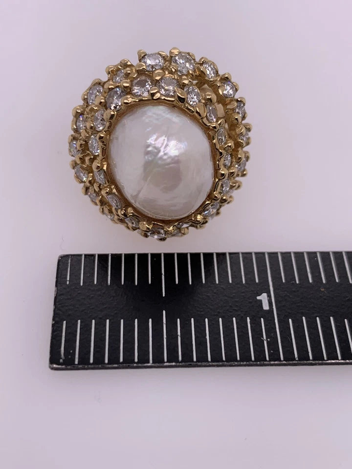 Retro Gold Cocktail Ring 1.85 Carat Natural Colorless Diamond & Pearl Circa 1950