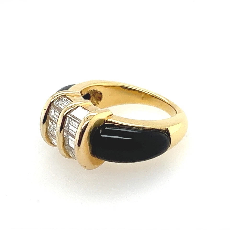 Retro Gold 2.50 Carat Natural Baguette Diamond & Onyx Cocktail Ring Circa 1960