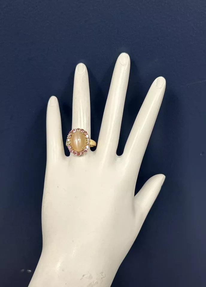 Modern Gold 5.53 Carat Natural Cats-Eye Moonstone & Tourmaline Cocktail Ring