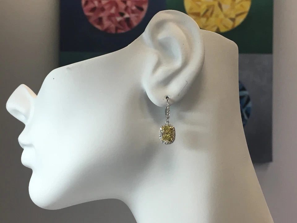 Modern 3.09 Carat Platinum GIA Certified Natural Intense Yellow Diamond Earrings