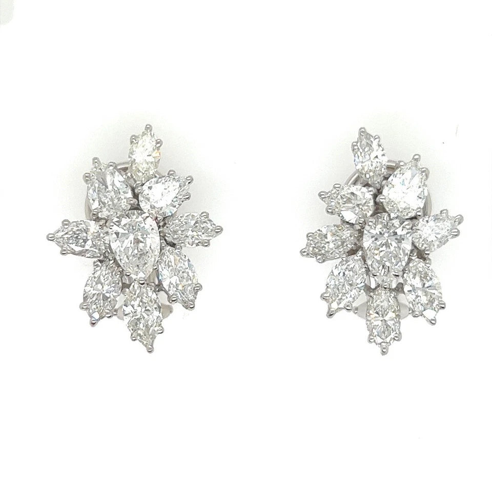 Retro Gold 7 Carat GIA Certified Natural Colorless Diamond Cluster Earrings 1950