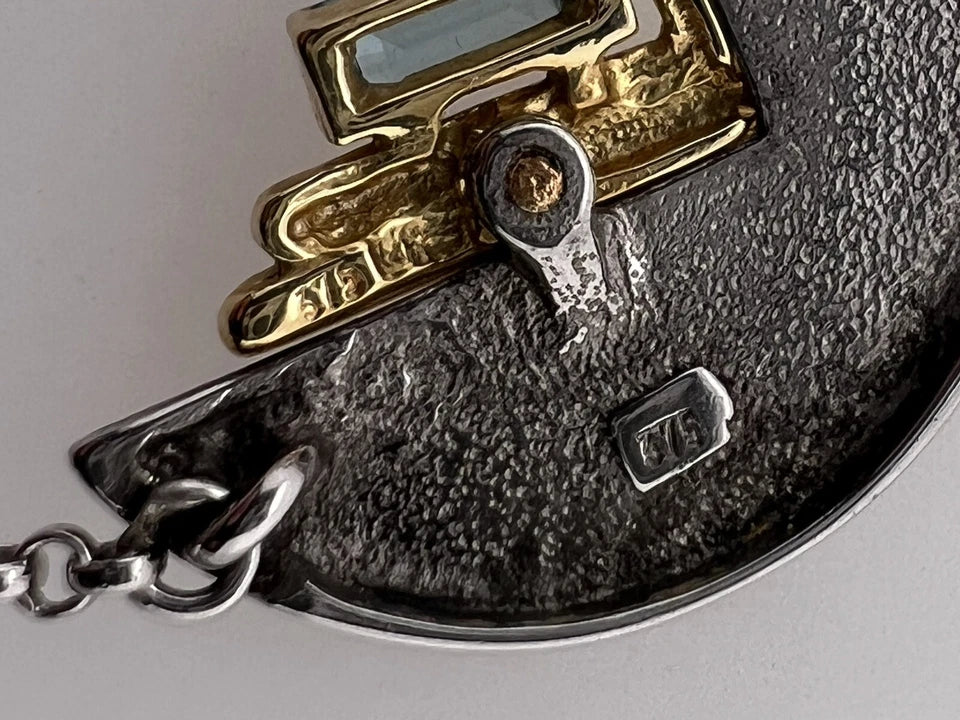 Art Deco Two Tone Gold Natural Diamond & Blue Topaz Pendant Necklace Circa 1960