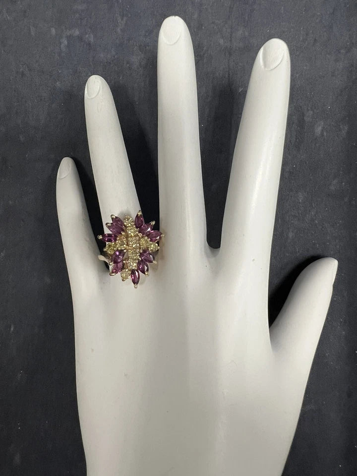 Retro Gold 2.45 Carat Natural Yellow Diamond & Red Ruby Cocktail Ring Circa 1950