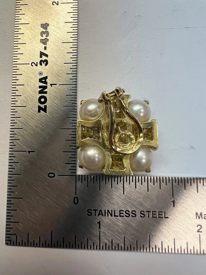 Retro Gold 3 Carat Natural Colorless Diamond and Akoya Pearl Earrings Circa 1980