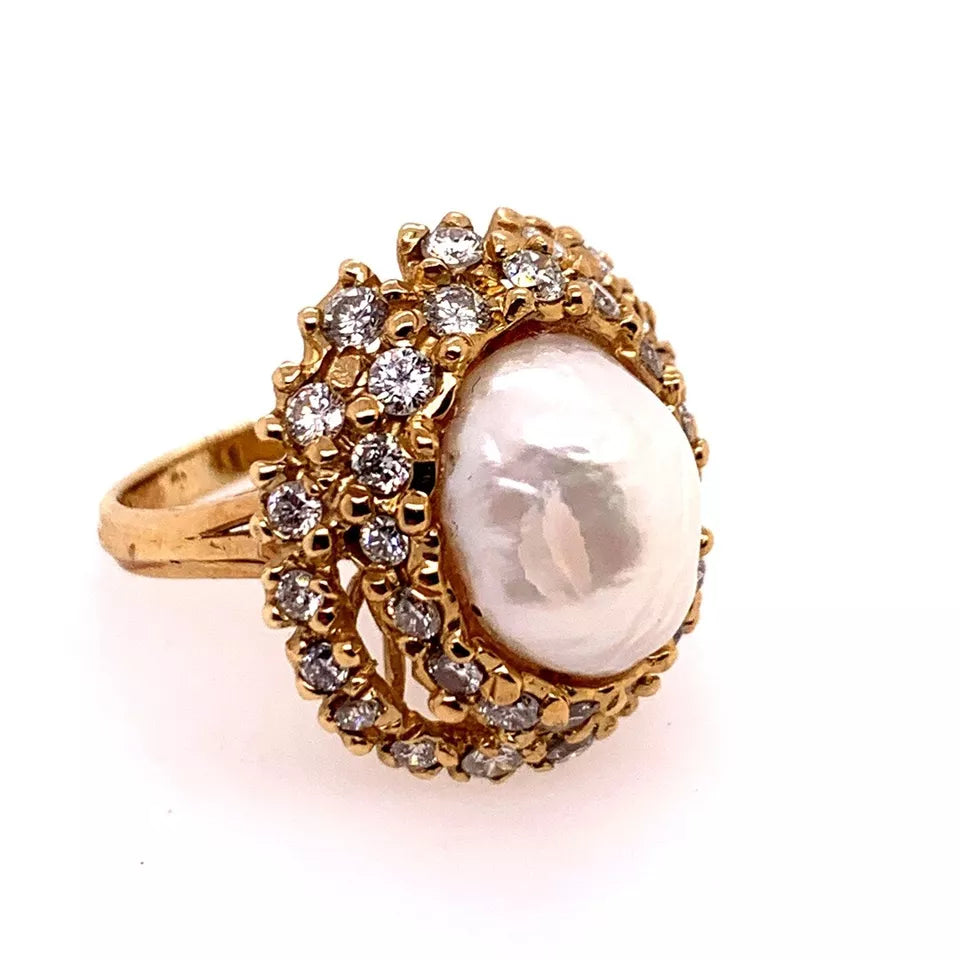 Retro Gold Cocktail Ring 1.85 Carat Natural Colorless Diamond & Pearl Circa 1950