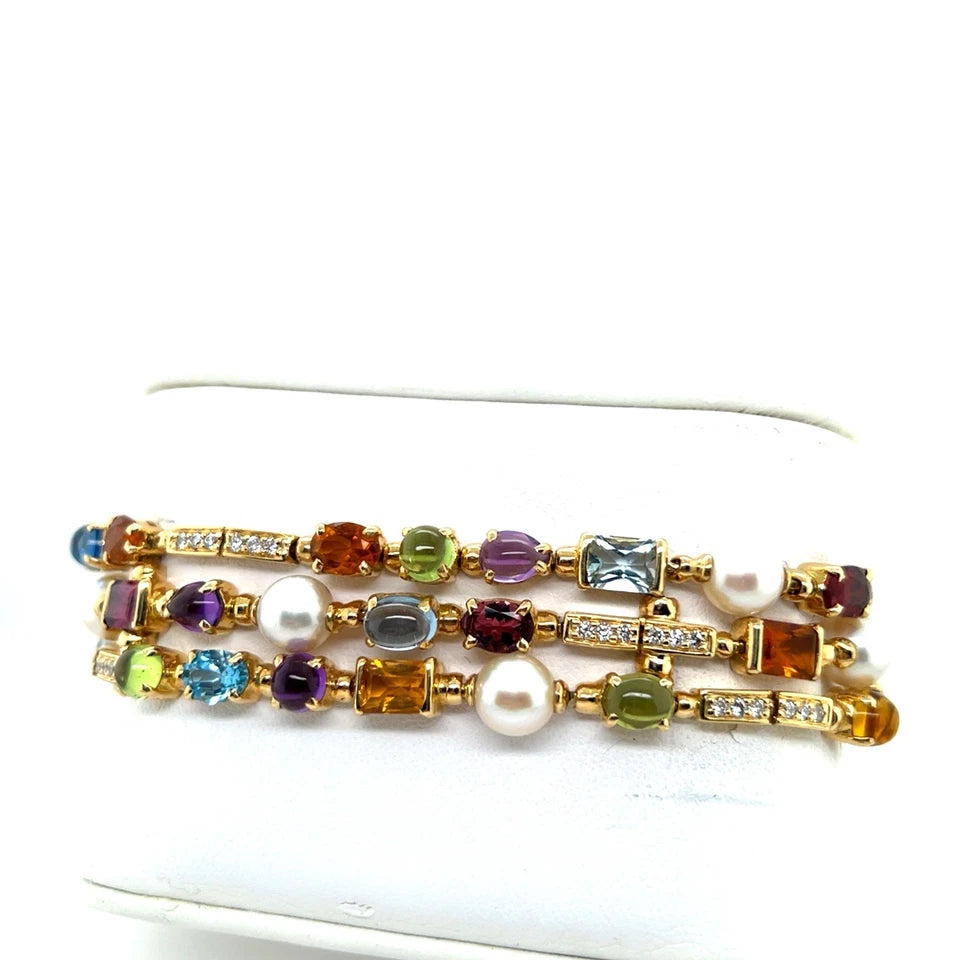 Modern Gold Natural Diamond and Multi Color Cabochon Gem Three Strand Bracelet