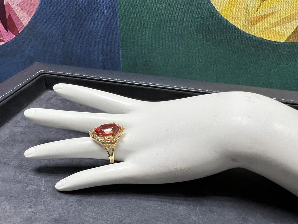 Retro Gold Oval Syn Padparadscha-LIKE Sapphire & Natural Diamond Cocktail Ring