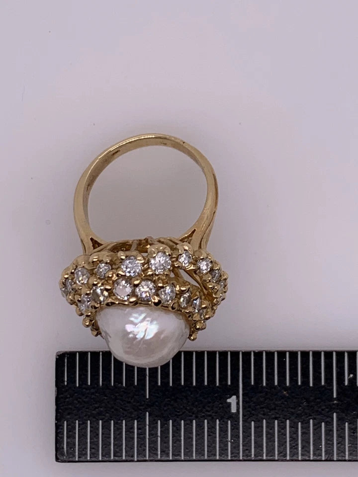 Retro Gold Cocktail Ring 1.85 Carat Natural Colorless Diamond & Pearl Circa 1950