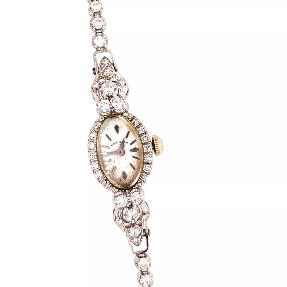 Ladies White Gold Hamilton 2 Carat Natural F Color Diamond Manual Cocktail Watch