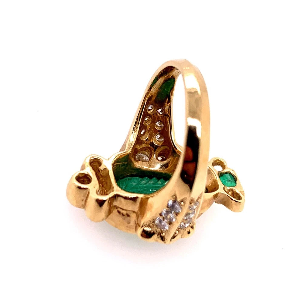 Retro Gold Ring 6 Carat Natural Carved Emerald, Diamond Cocktail Ring Circa 1950