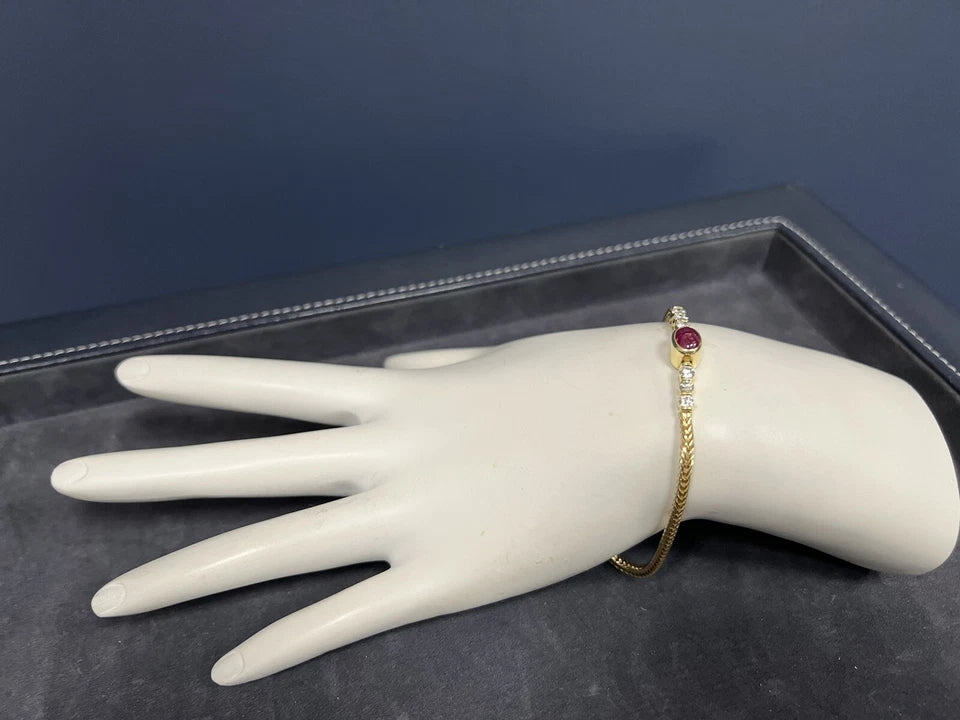 Retro Gold 1 Carat Natural Diamond and Red Ruby Cabochon Bracelet Circa 1970