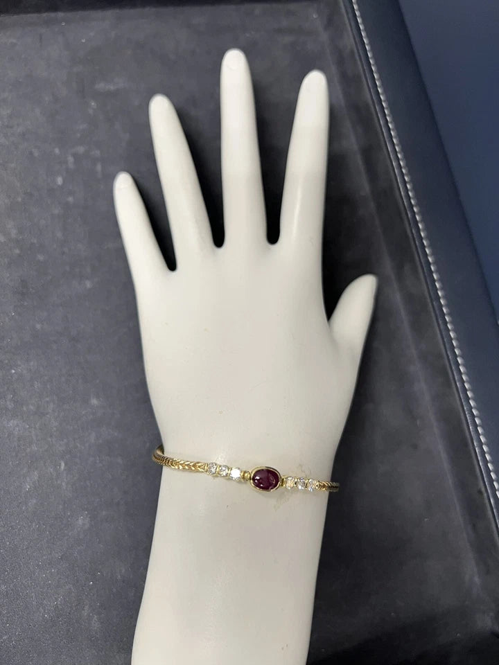 Retro Gold 1 Carat Natural Diamond and Red Ruby Cabochon Bracelet Circa 1970