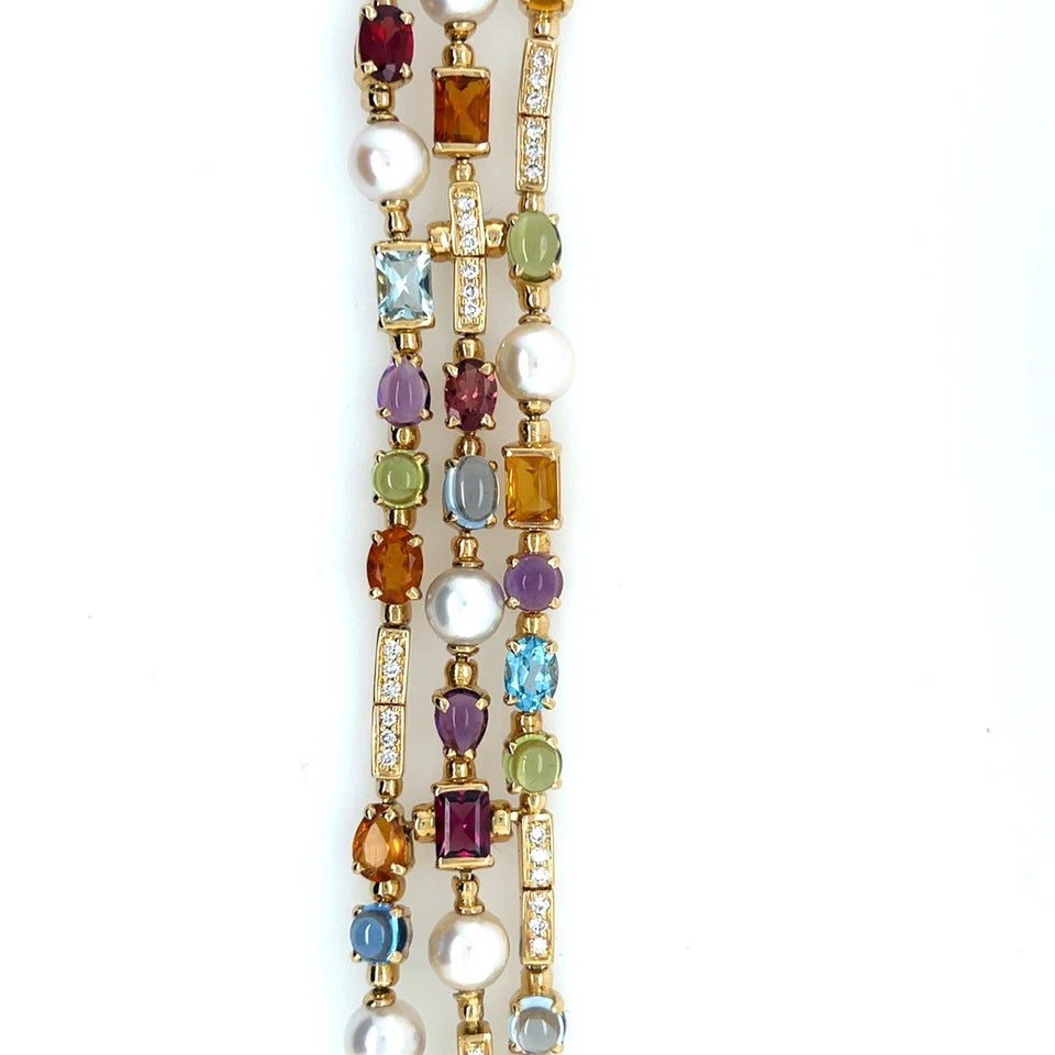 Modern Gold Natural Diamond and Multi Color Cabochon Gem Three Strand Bracelet