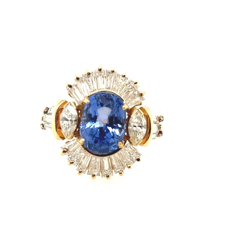 Retro Gold 6.77 Carat Certified Natural Blue Sapphire Diamond Cocktail Ring 1960