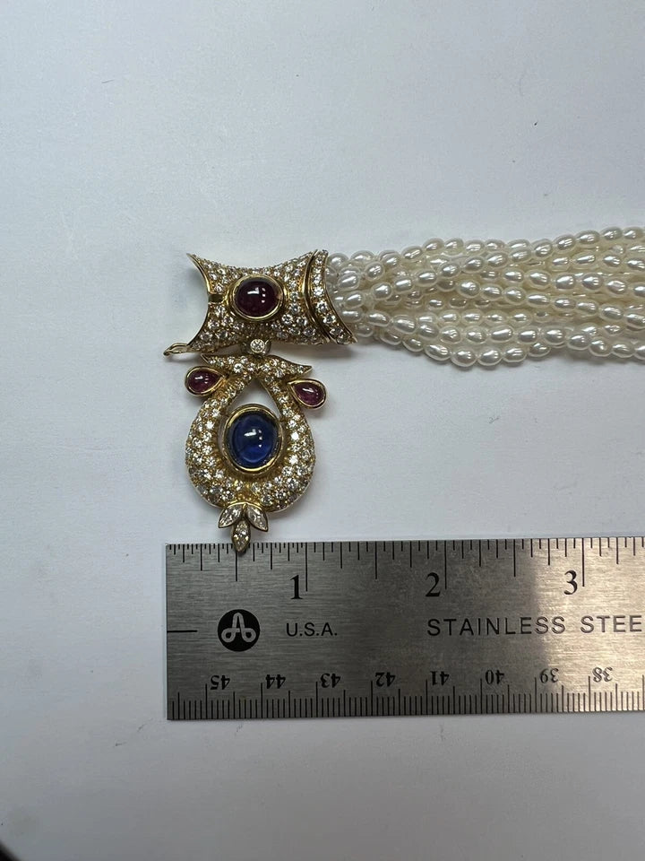 GIA Certified 14 Carat Natural Diamond and Blue Sapphire Cab Necklace Circa 1950