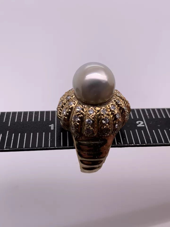 Retro Gold Natural Pearl & 0.81 Carat Colorless Diamond Cocktail Ring Circa 1950