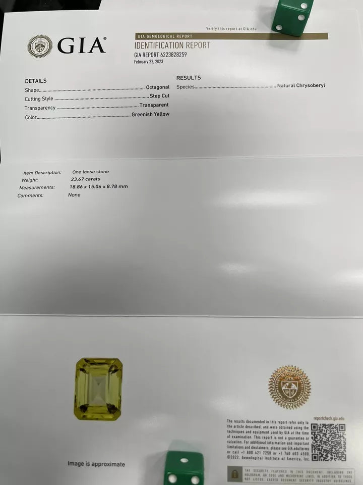 Retro GIA Certified 23.67 Carat Greenish Yellow Natural Chrysoberyl Gold Pendant