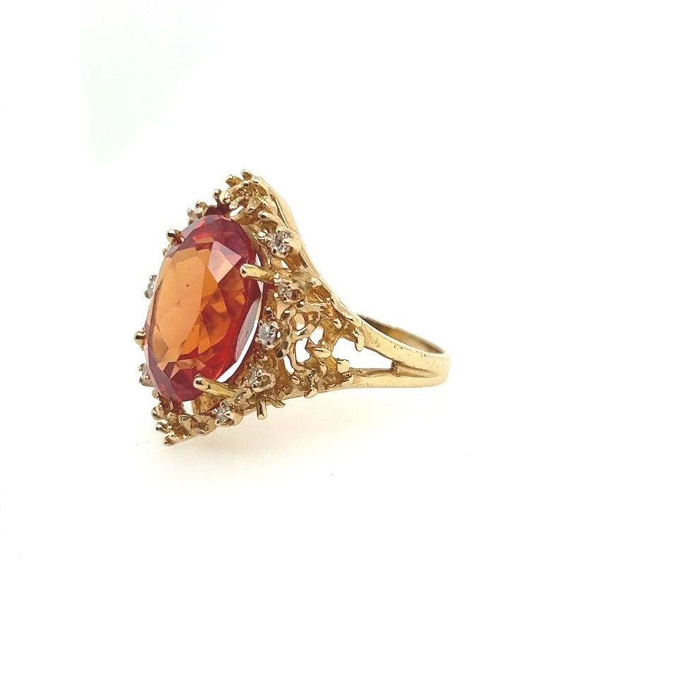 Retro Gold Oval Syn Padparadscha-LIKE Sapphire & Natural Diamond Cocktail Ring