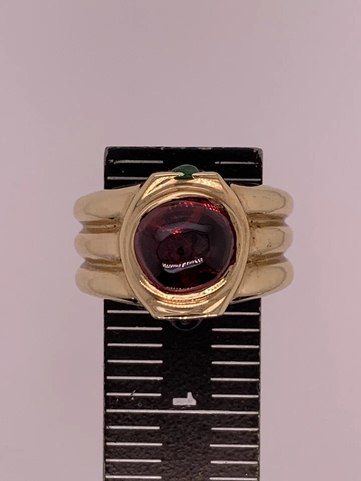 Retro Gold Cabochon Cocktail Ring Natural Tourmaline Emerald Sapphire Circa 1960