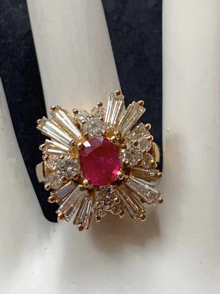 Retro Gold Cocktail Ring 4.5 Carat Natural Ruby & Baguette Diamond Circa 1960