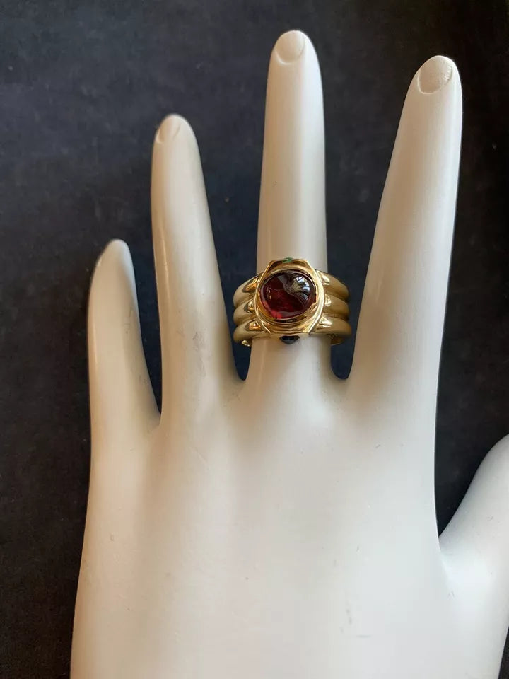 Retro Gold Cabochon Cocktail Ring Natural Tourmaline Emerald Sapphire Circa 1960
