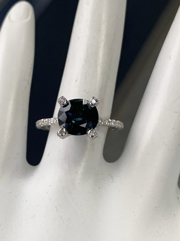 Retro 2.70 Carat Cushion Natural Midnight Blue Australian Sapphire Platinum Ring