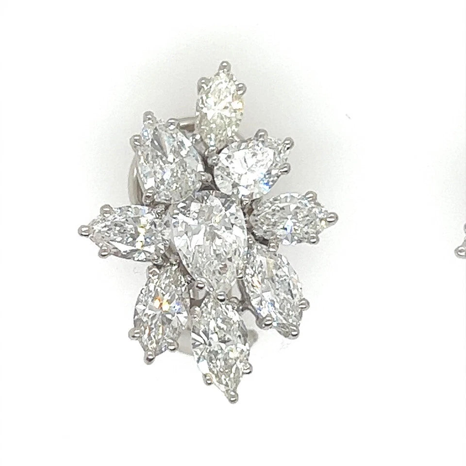 Retro Gold 7 Carat GIA Certified Natural Colorless Diamond Cluster Earrings 1950