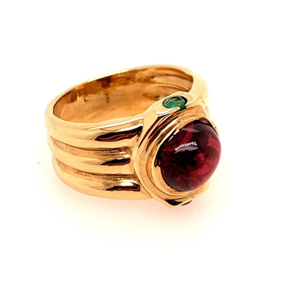 Retro Gold Cabochon Cocktail Ring Natural Tourmaline Emerald Sapphire Circa 1960