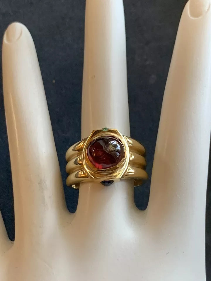 Retro Gold Cabochon Cocktail Ring Natural Tourmaline Emerald Sapphire Circa 1960